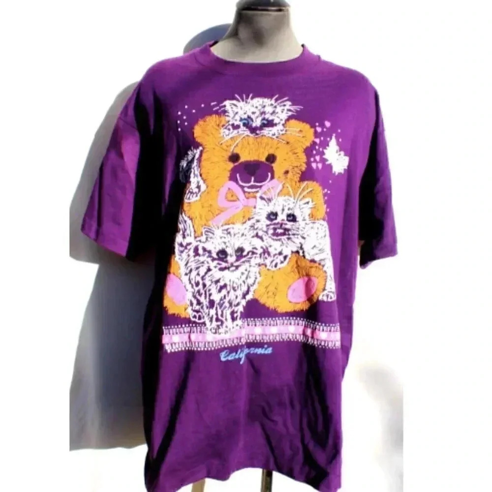 Vtg 1980s Puffy Foam Teddy Bear Kittens Advertising Mens Short Sleeve T-Shirt